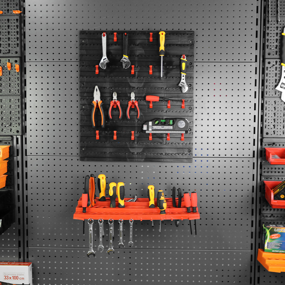 WALL MOUNTED PLASTIC PEGBOARD AND SHELVES