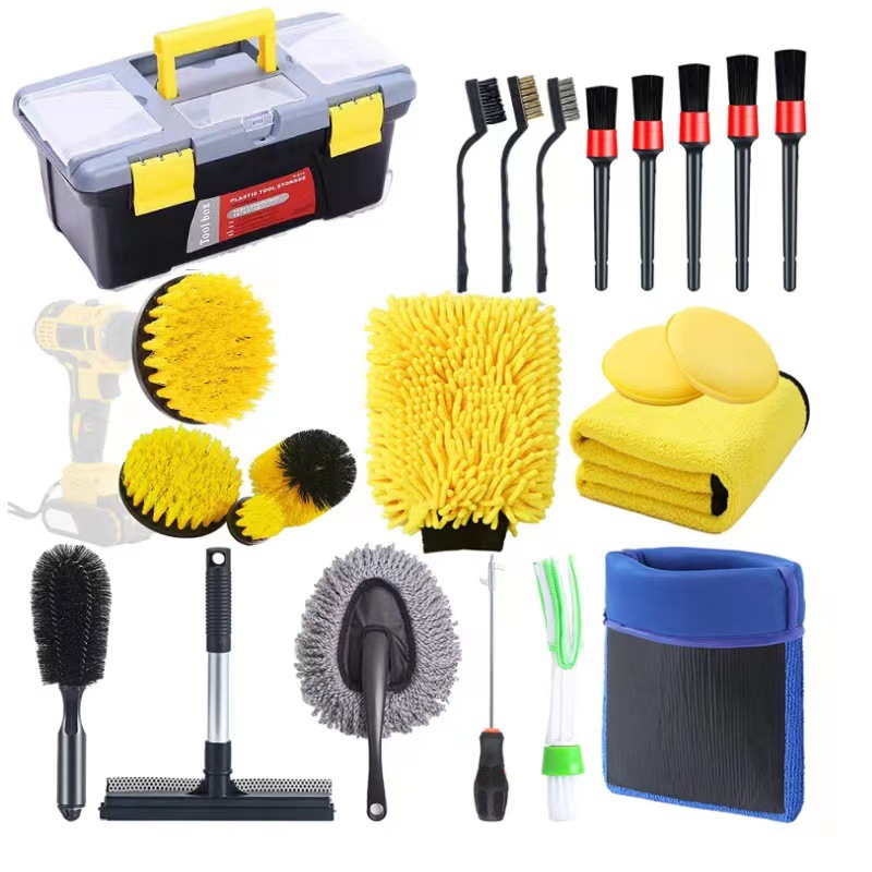 23pcs Exterior Interior Car Wash Cleaning Tools Kit Tire Towels Drill Brush Window Scraper Set with Box