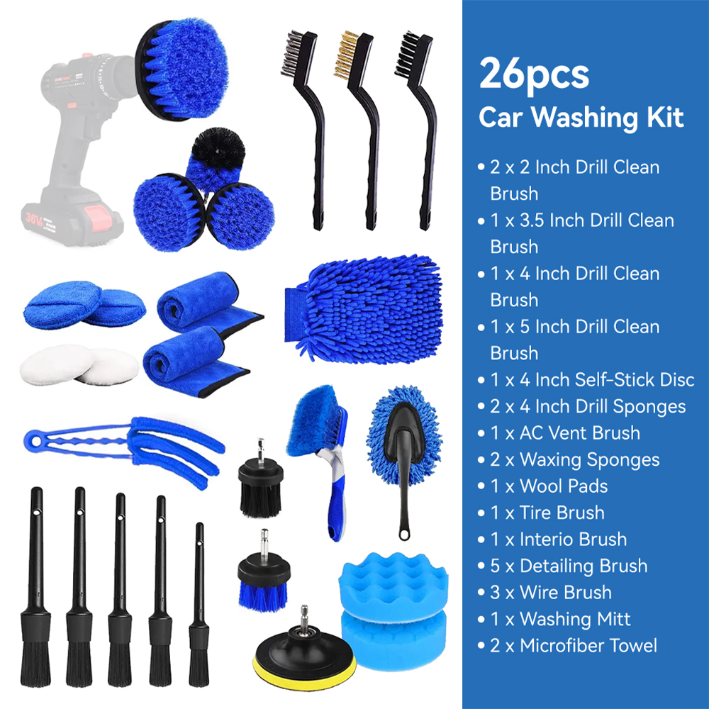 26 Pcs Car Detailing Brush Set Auto Drill Clean Brushes Buffing Sponge Pads Cleaning Tools For Interior Exterior Washing