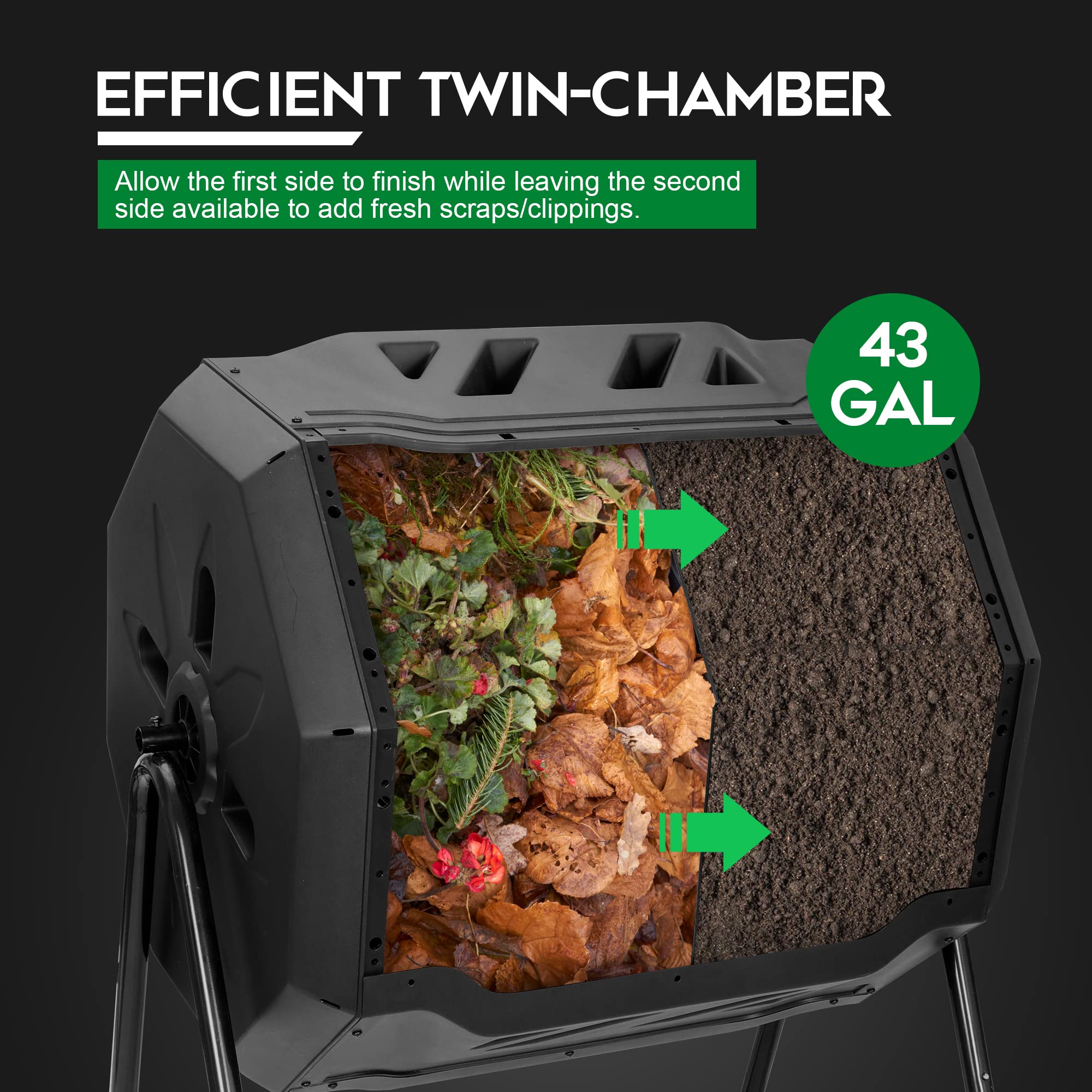 Large Chamber Compost Tumbler Heavy-Duty High Volume Dual Rotating Batch Compost Bin