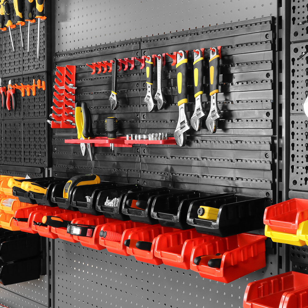 WALL MOUNTED PLASTIC PEGBOARD AND SHELVES